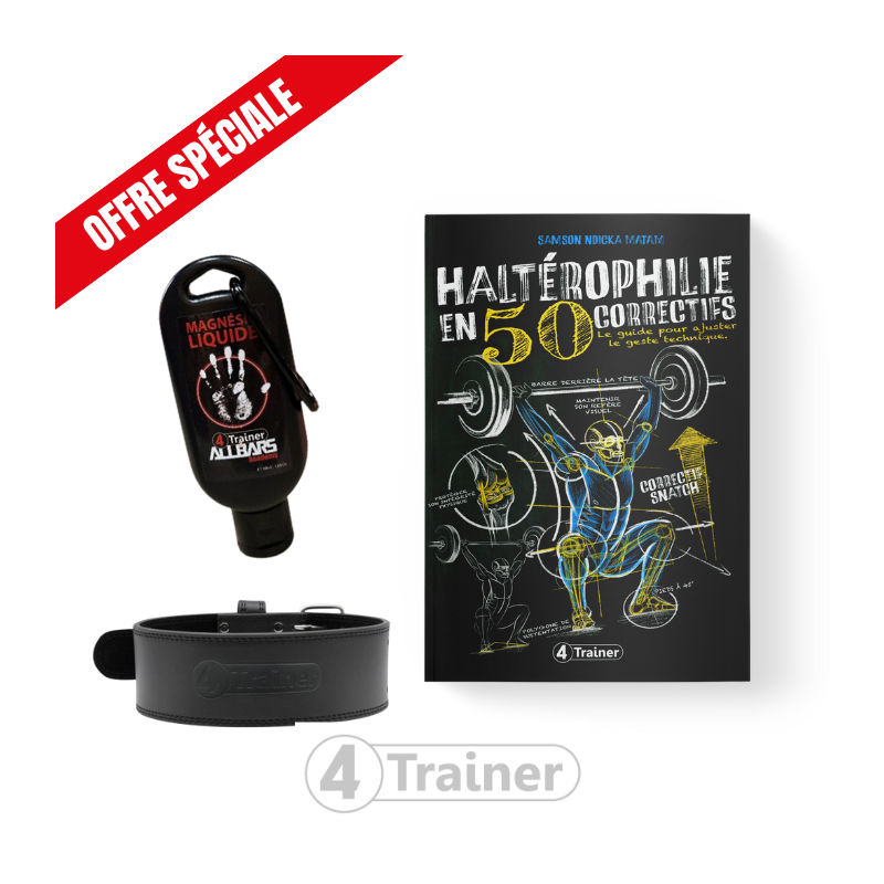 PACK - HALTÉROPHILIE EN 50 CORRECTIFS + CEINTURE DE FORCE EN CUIR + MAGNÉSIE LIQUIDE PACK - HALTÉROPHILIE EN 50 CORRECTIFS + CEINTURE DE FORCE EN CUIR + MAGNÉSIE LIQUIDE